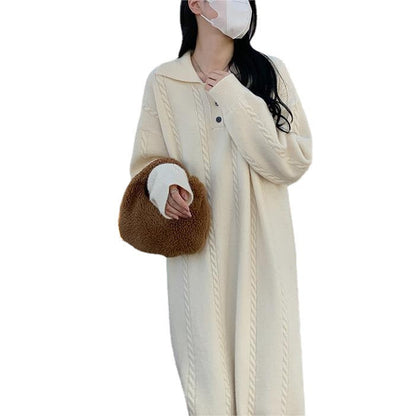 Damen Strickkleid Knopfleiste Zopfmuster Beige