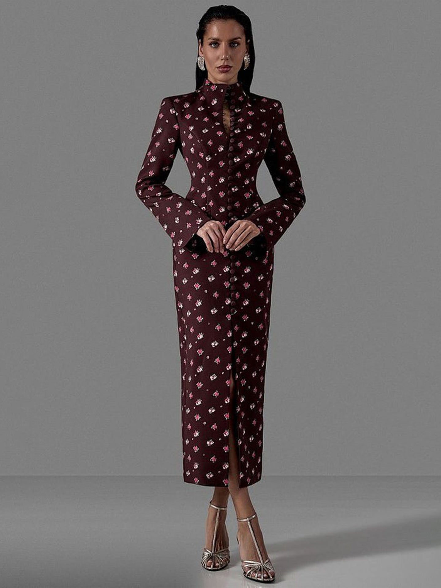 Damen Langarmkleid Floralmuster Hochgeschlossener Kragen Norvielle