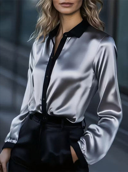 Damen Satinbluse Kontrastkragen Norvielle