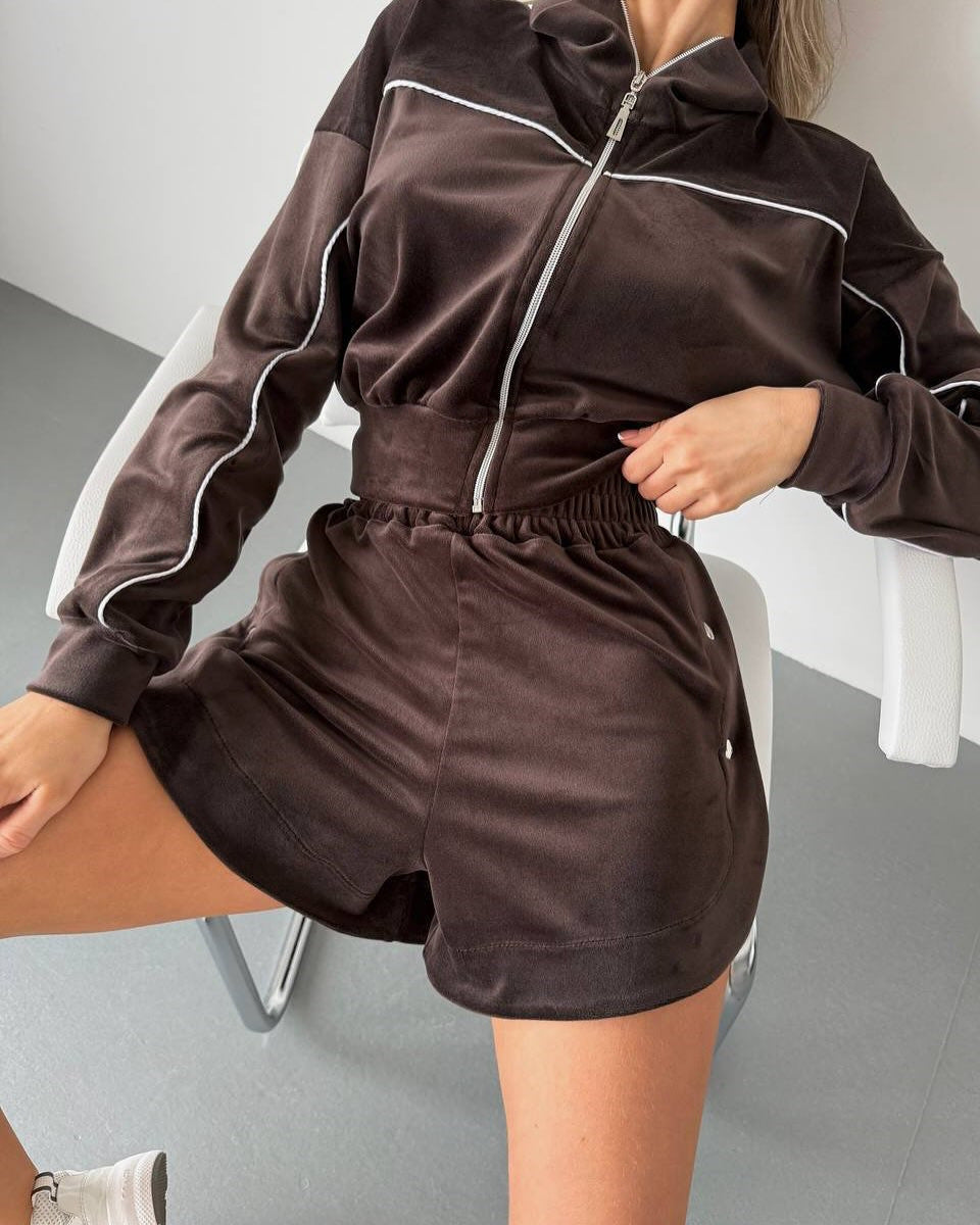 Damen Velours-Set Cropped mit Reißverschluss Elastisch Beige