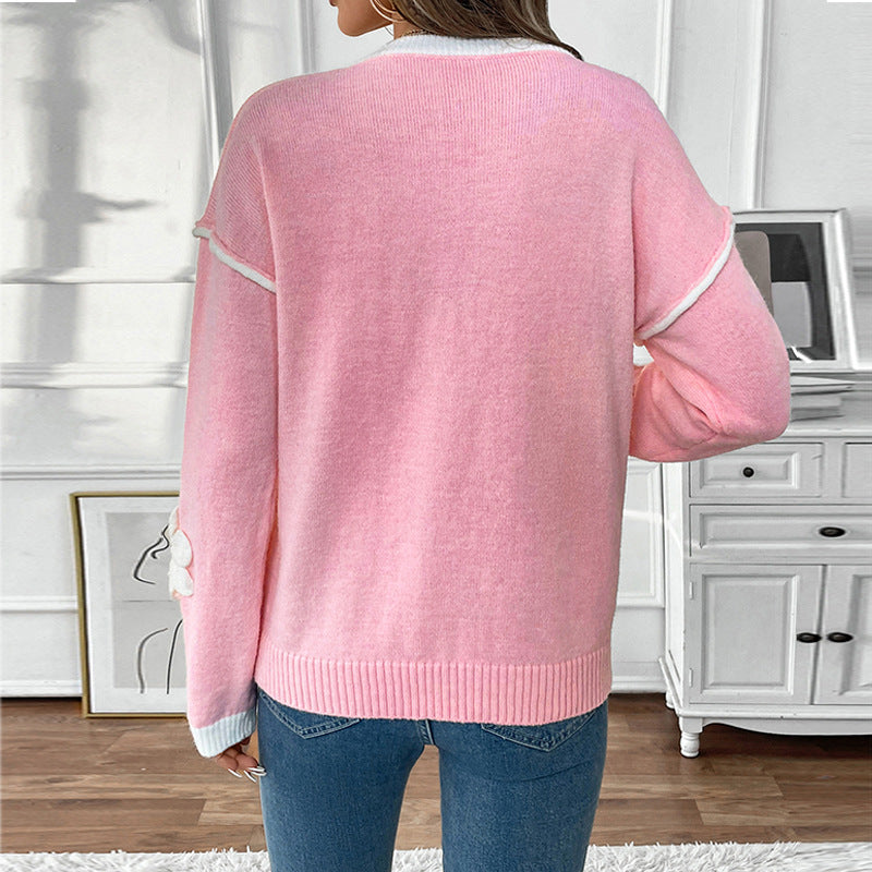 Damen Strickpullover V-Ausschnitt Blumenapplikationen Norvielle