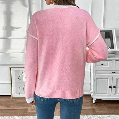Damen Strickpullover V-Ausschnitt Blumenapplikationen Norvielle