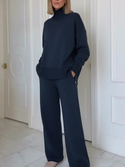 Damen Strick-Loungewear-Set Hochgeschlossener Pullover Weite Hose
