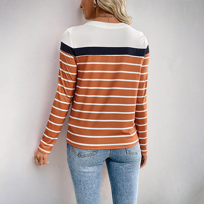 Damen Langarmshirt Kontraststreifen Lässig Weiß