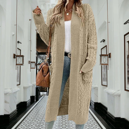 Damen Grobstrick Cardigan Offenes Design Mit Taschen Beige