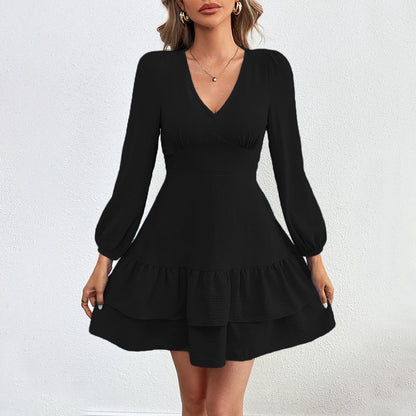 Damen Mini-Kleid Rüschensaum Puffärmel Norvielle