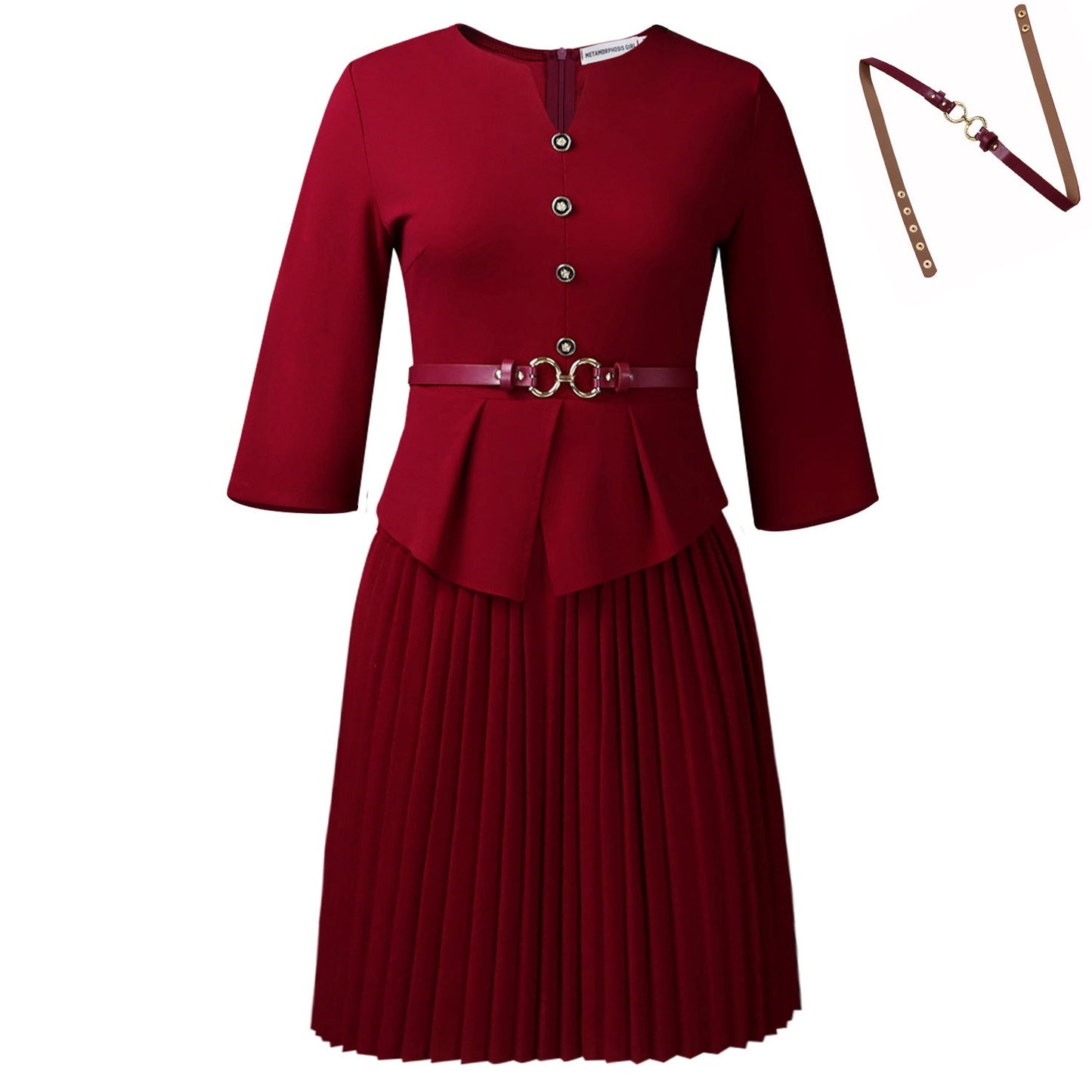 Damen Plissee-Kleid mit Taillenbluse und Gürtel