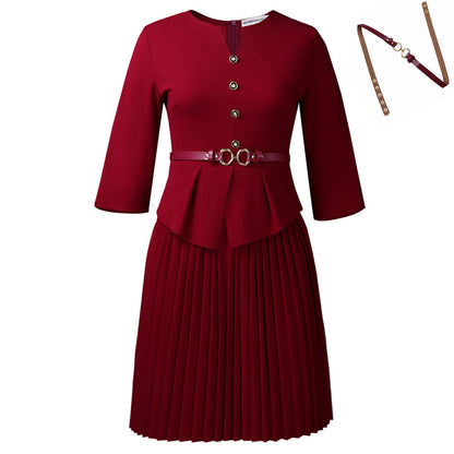 Damen Plissee-Kleid mit Taillenbluse und Gürtel