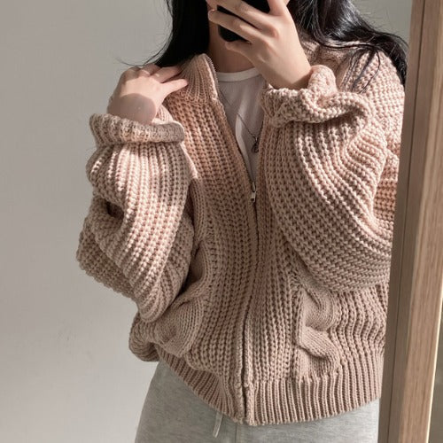 Damen Grobstrickjacke Voluminöse Ärmel Offene Front