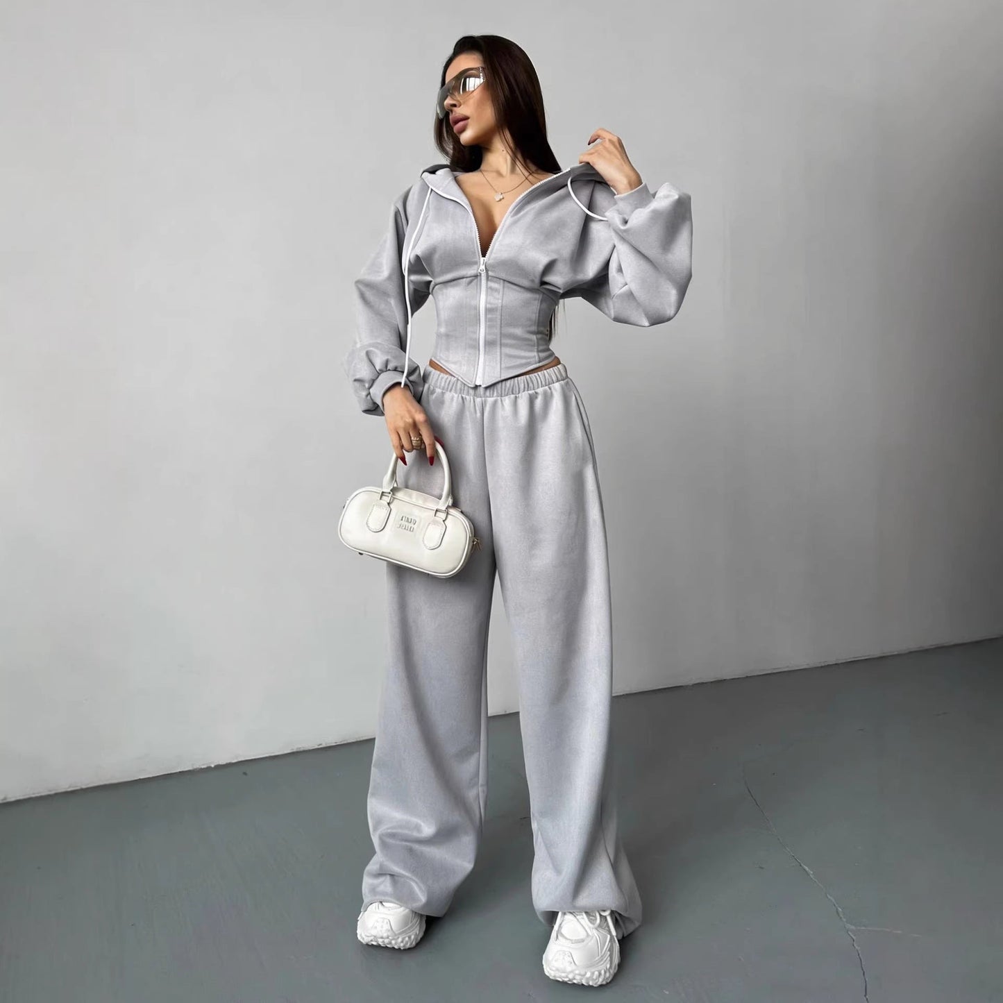 Damen Sportset Cropped Kapuzenjacke und Jogginghosen Elastisch