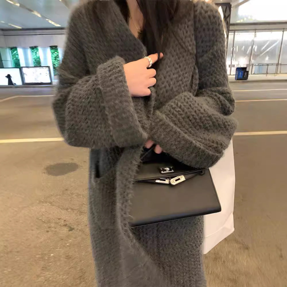 Damen Grobstrick Cardigan Offene Taschen Lässig Beige