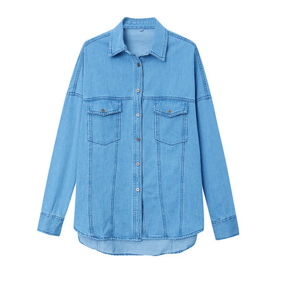 Damen Denim-Hemdjacke Lässig Mit Knöpfen Und Brusttaschen