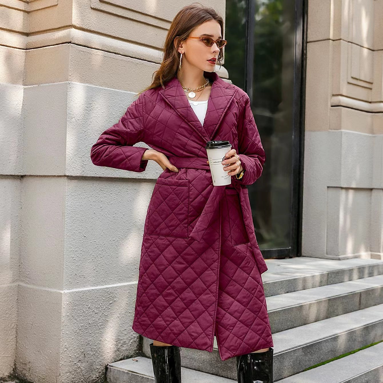 Damen Wintermantel Gesteppt Elegant Gürtel Norvielle