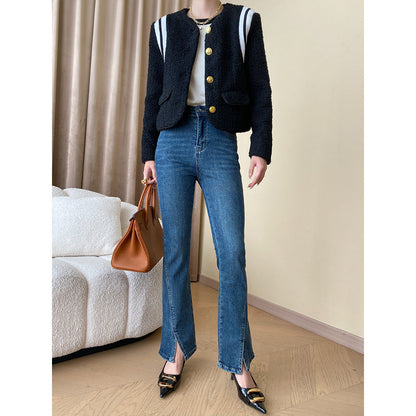 Damen Bouclé-Jacke mit goldenen Knöpfen Streifen