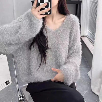 Damen Pullover V-Ausschnitt Flausch Norvielle Langarm Glitzer