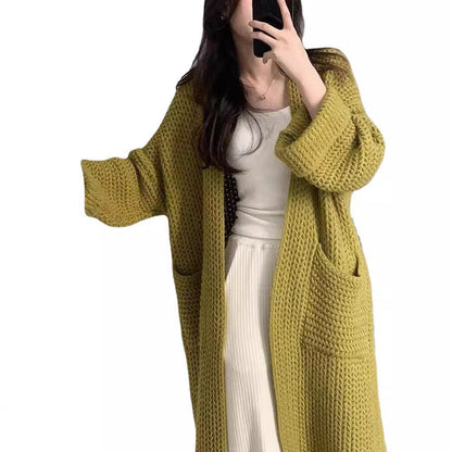 Damen Grobstrick Cardigan Offene Taschen Lässig Beige
