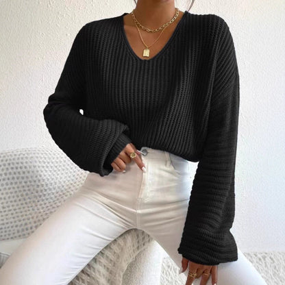 Damen Strickpullover Luftig V-Ausschnitt Länge Lang Ärmel Norvielle