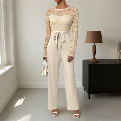 Damen Jumpsuit Spitzenoberteil Taillengürtel Norvielle