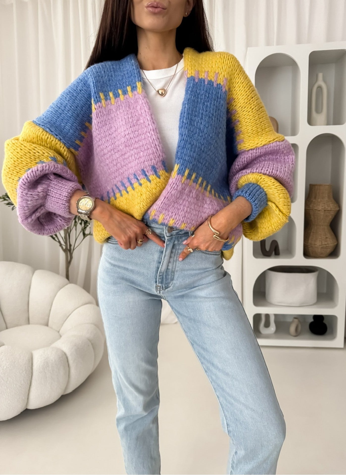Damen Strickjacke Voluminöse Ärmel Geometrisches Muster Norvielle