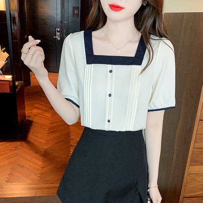 Damen Bluse Plissee-Details Kontrastakzente Norvielle
