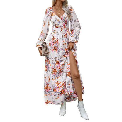 Damen Maxikleid Floralmuster Schlitz dunkel