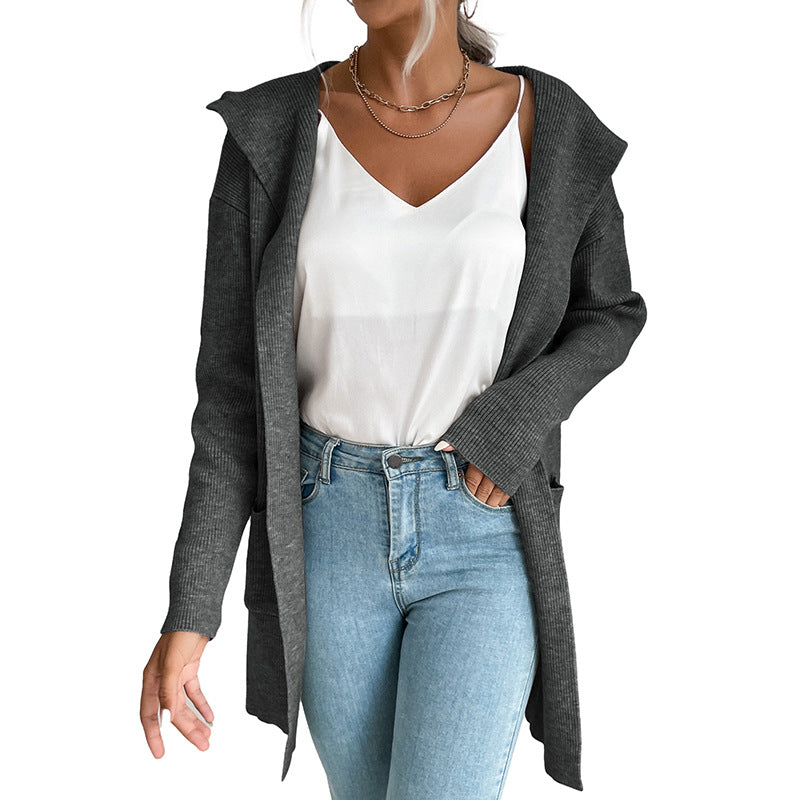 Damen Strickcardigan Offene Front Hochkragen Beige
