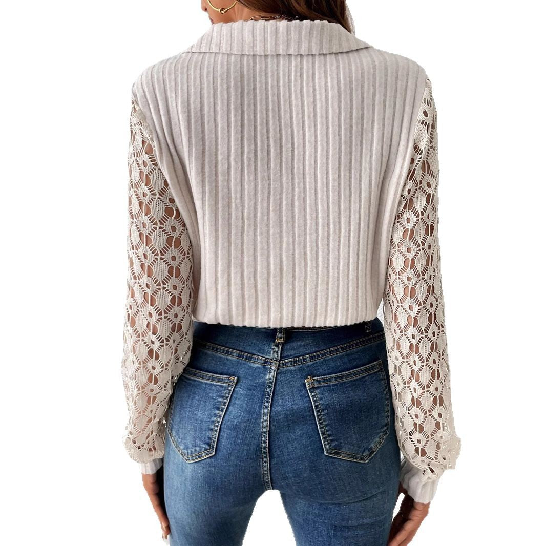 Damen Bluse V-Ausschnitt Spitzenärmel Rippstruktur
