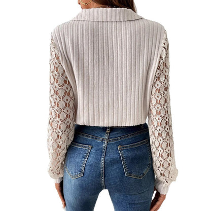Damen Bluse V-Ausschnitt Spitzenärmel Rippstruktur