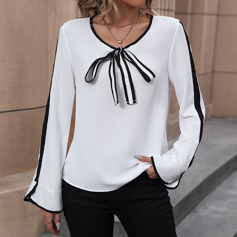 Damen Bluse mit Bindegürtel Gestreifte Ärmel Norvielle - Norvielle