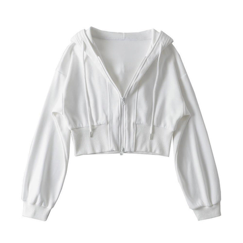 Damen Cropped Kapuzenjacke Reißverschluss Elastisch Schwarz - Norvielle