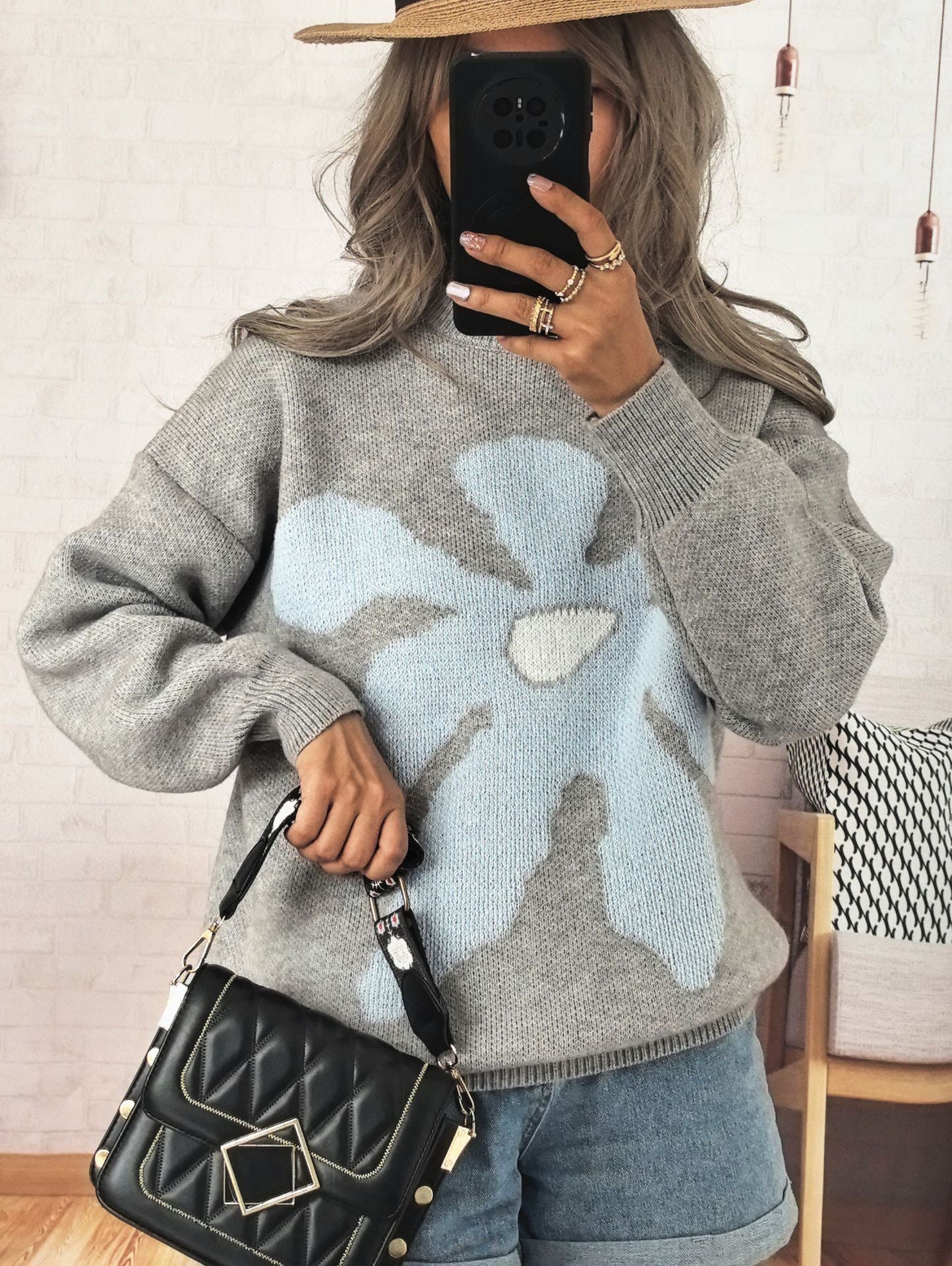 Damen Strickpullover Bunt Blumenmotiv Überschnittene Schultern