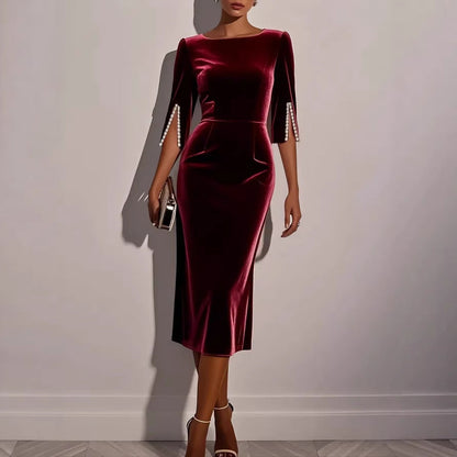 Damen Samtkleid Figurbetont Perlendetails