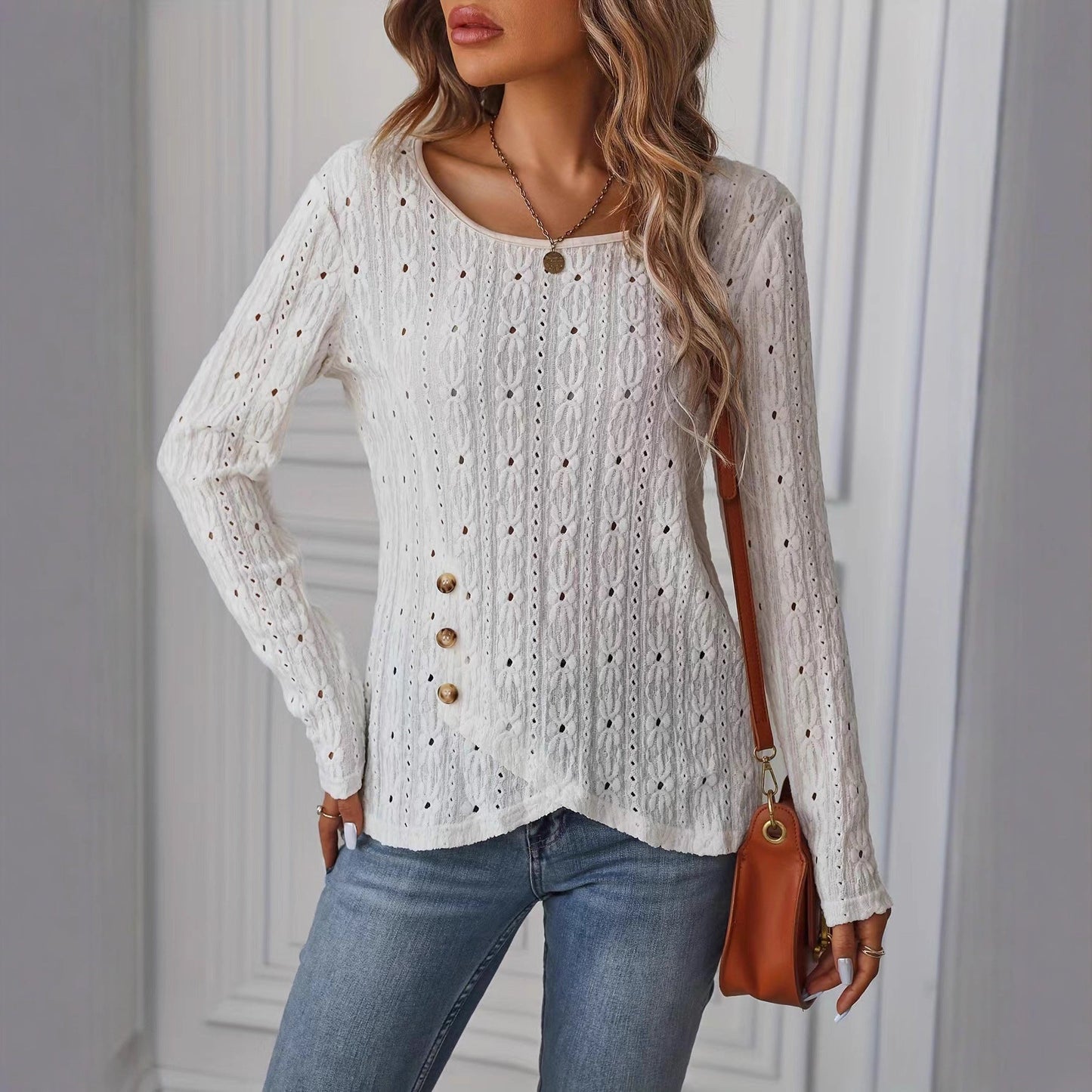Damen Langarmshirt Dekorative Knöpfe Struktur Norvielle - Norvielle