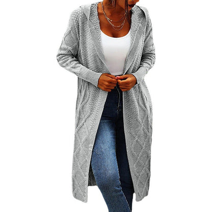 Damen Strickcardigan Lang Hochkragen Zopfmuster Norvielle
