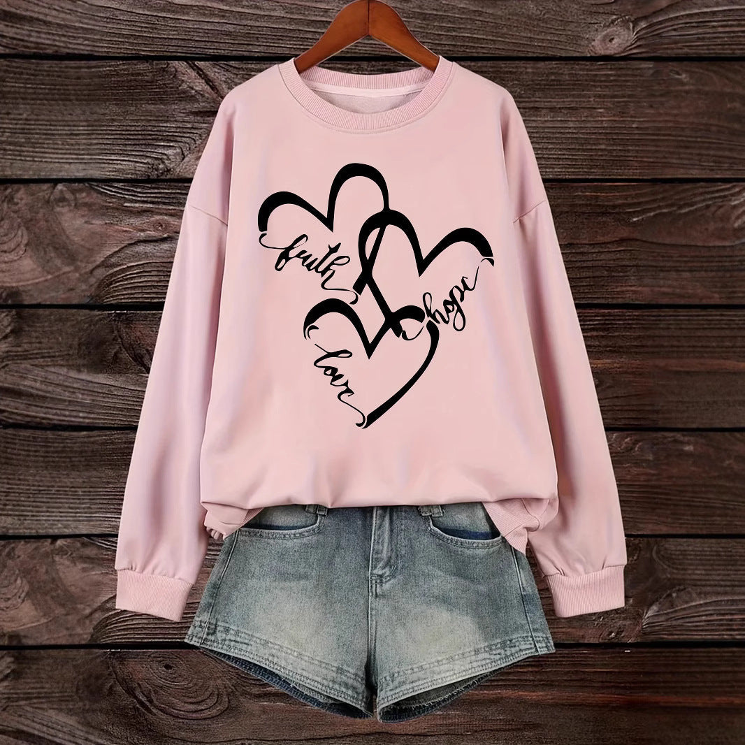 Damen Sweatshirt Romantische Herzen Aufdruck Rosa