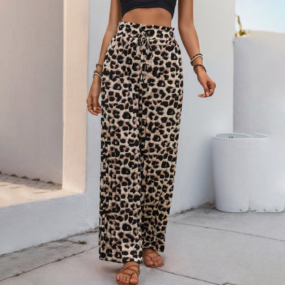 Damen Leinenhose Weit mit Elastikbund Leopardenmuster Beige