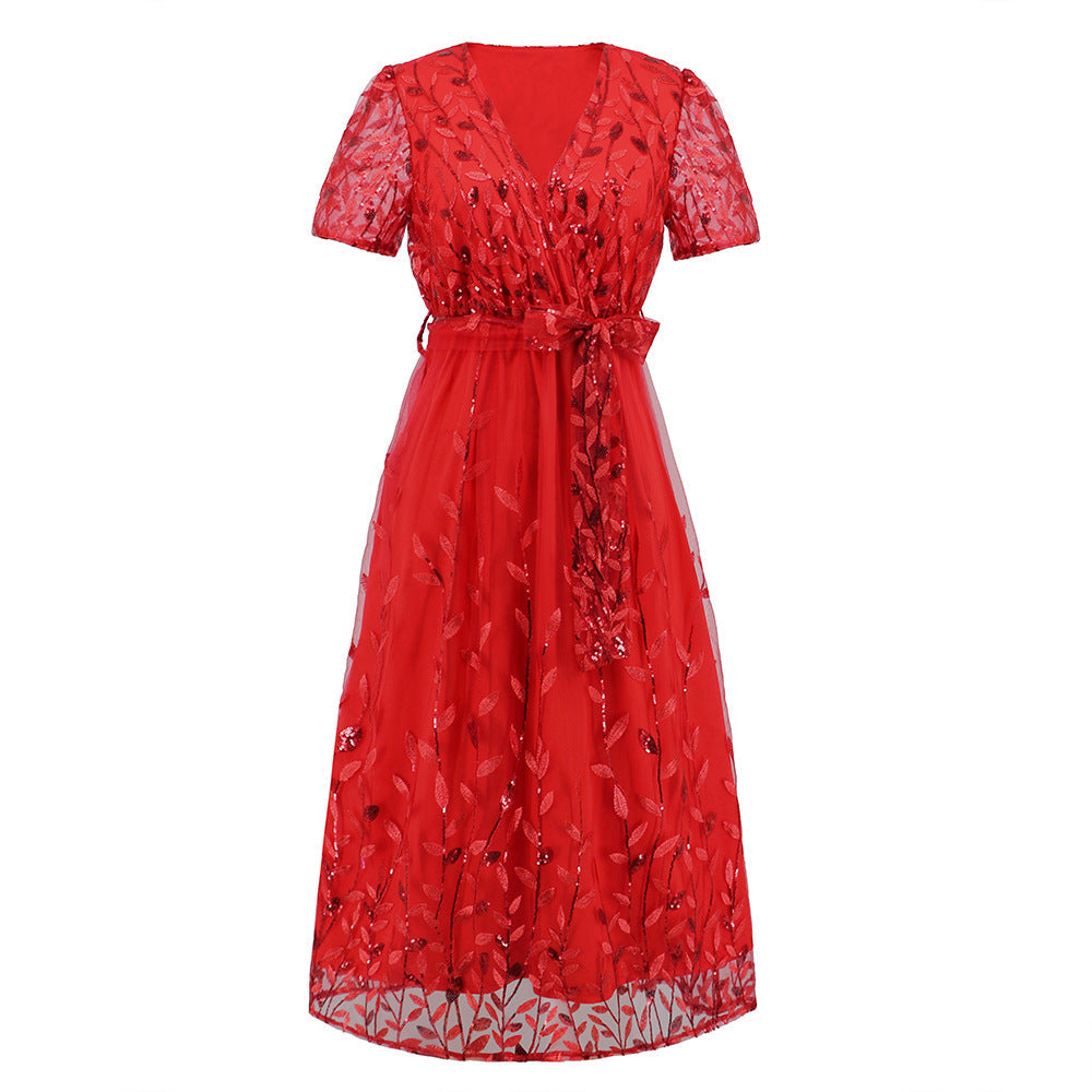 Norvielle Damen Midi Kleid V-Ausschnitt Kurzärmelig mit Gürtel