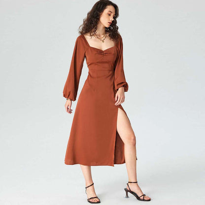 Damen Midi-Kleid Puffärmel Hohem Schlitz Norvielle