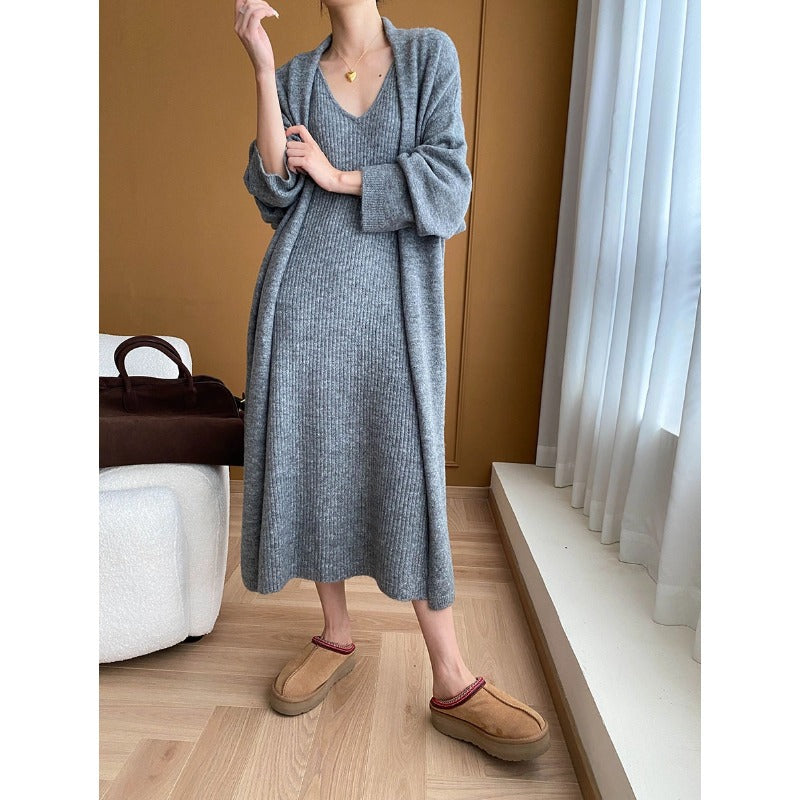 Damen Maxikleid Strick V-Ausschnitt Lässige Jacke Beige