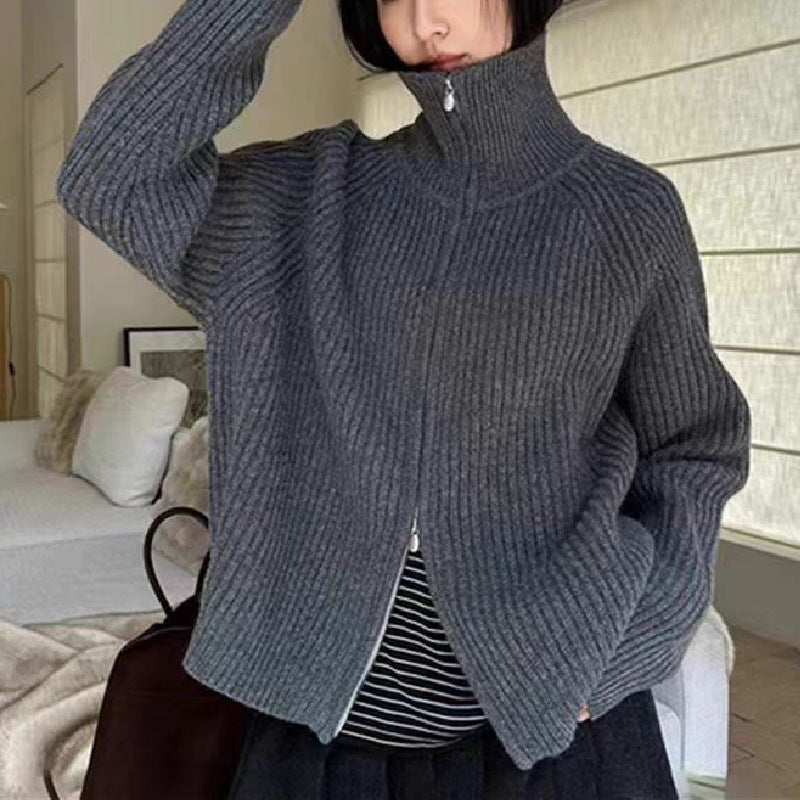 Damen Strickjacke Oversized mit Reißverschluss Beige - Norvielle
