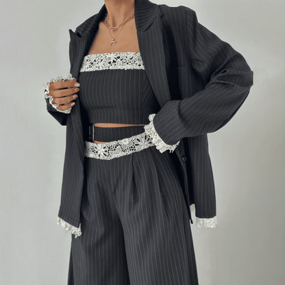 Damen Elegantes Zweiteiliges Set mit Spitzen-Details - Norvielle