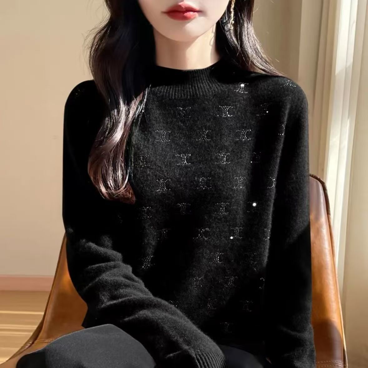 Damen Strickpullover Feines Glitzerdesign Rundhalsausschnitt Norvielle