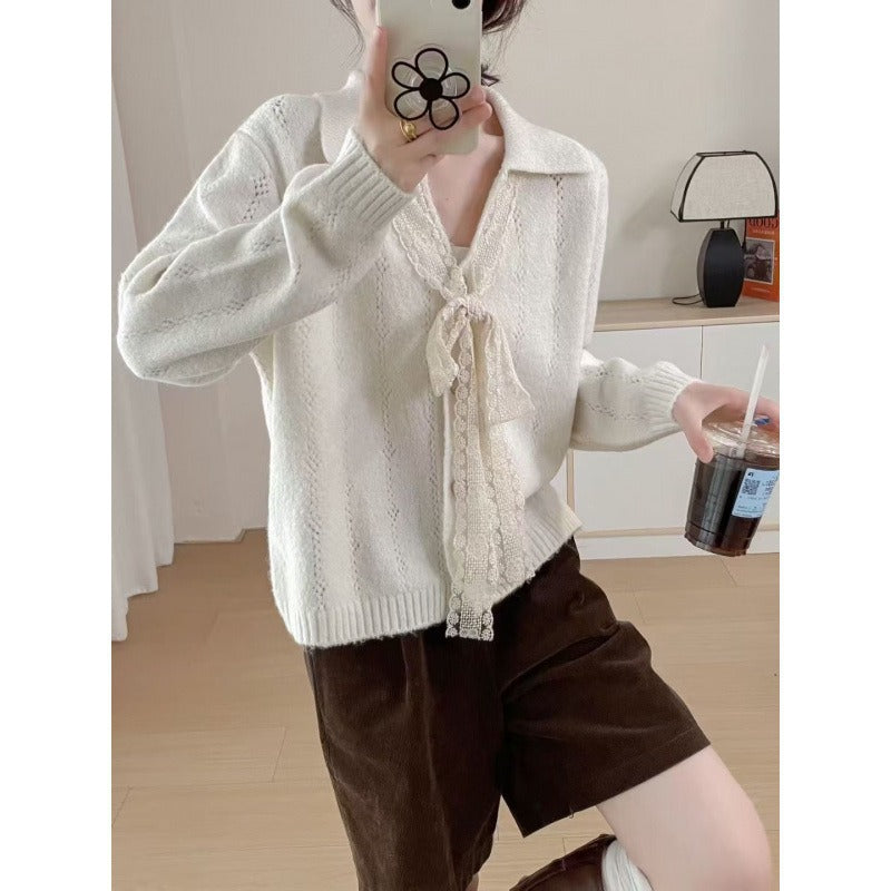 Damen Kaschmirpullover Lässiger Schnitt Spitzendetails Beige