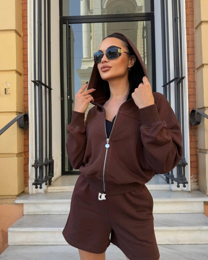 Damen Sportliches Zweiteiler-Set Kurzarm Jacke und Shorts