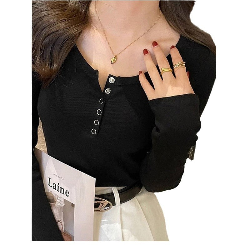 Damen Langarmshirt Knopfleiste Rippstruktur Weiß