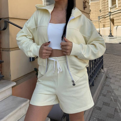 Damen Sportliches Zweiteiler-Set Kurzarm Jacke und Shorts