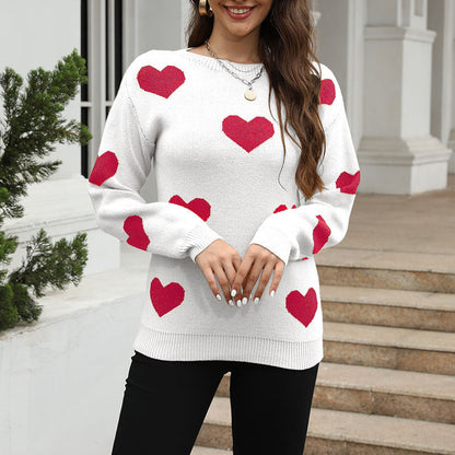 Damen Pullover Herzmuster Lässig Beige