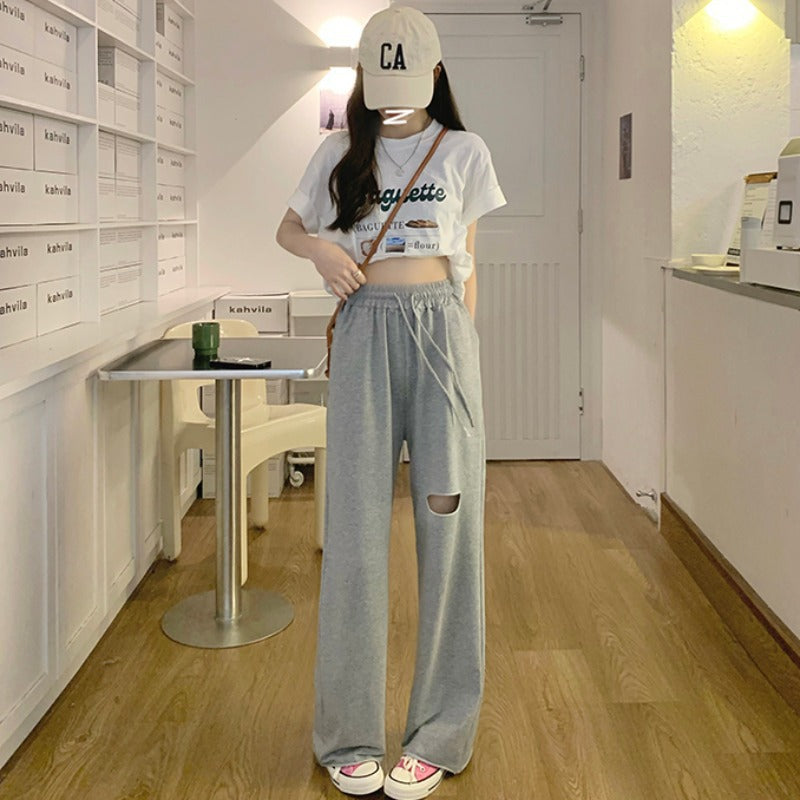 Damen Sweatpants Weit Geschnitten Elastischer Bund Schwarz - Norvielle