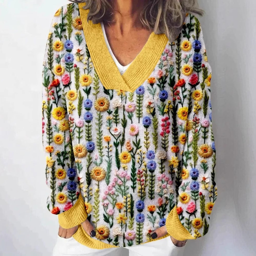 Damen Pullover V-Ausschnitt Floralmuster Lässig Norvielle