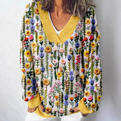 Damen Pullover V-Ausschnitt Floralmuster Lässig Norvielle